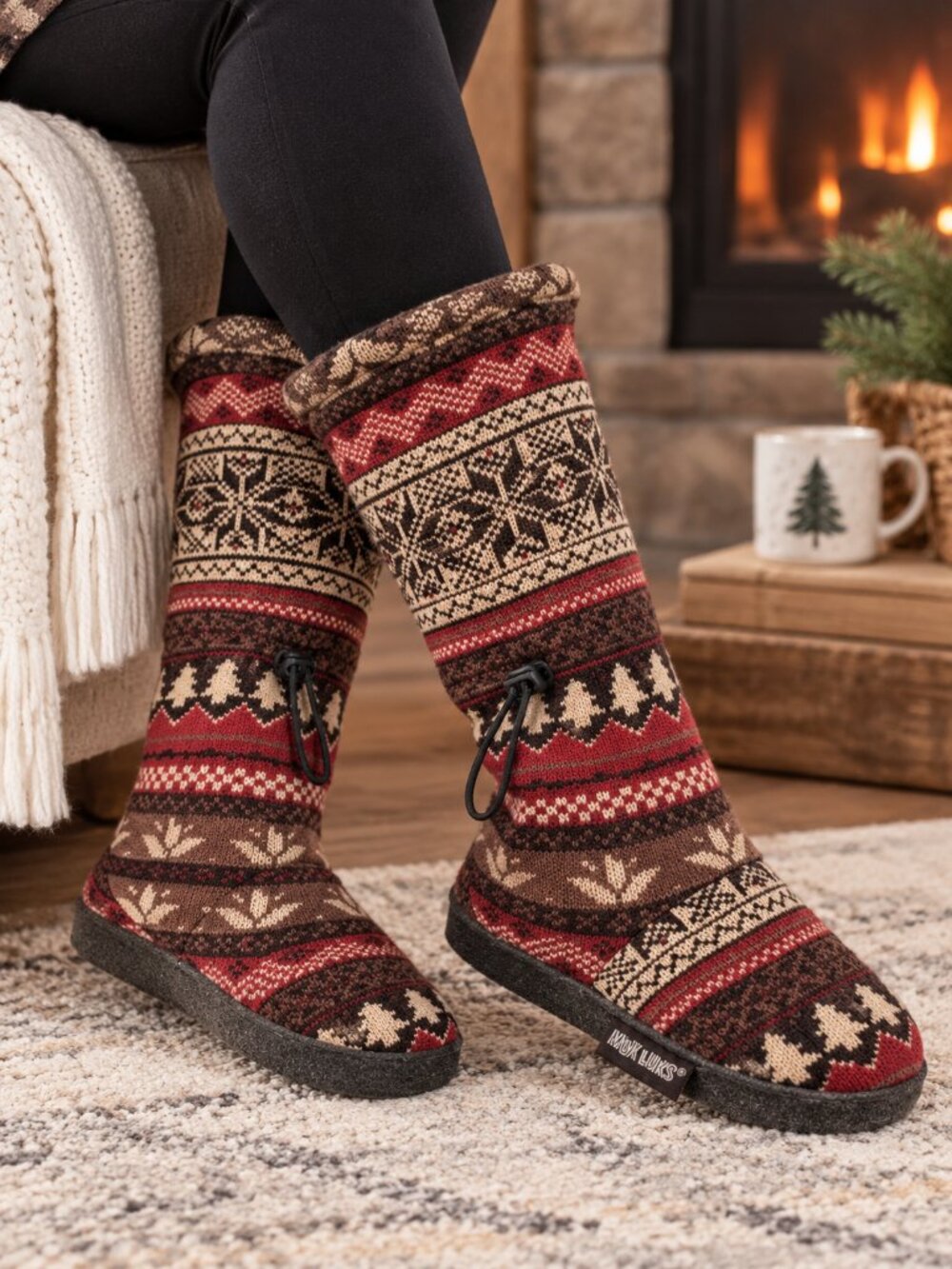 Muk Luks Tabbi Nordic Fair Isle Bootie Slippers Memory Foam NWT L 8-9